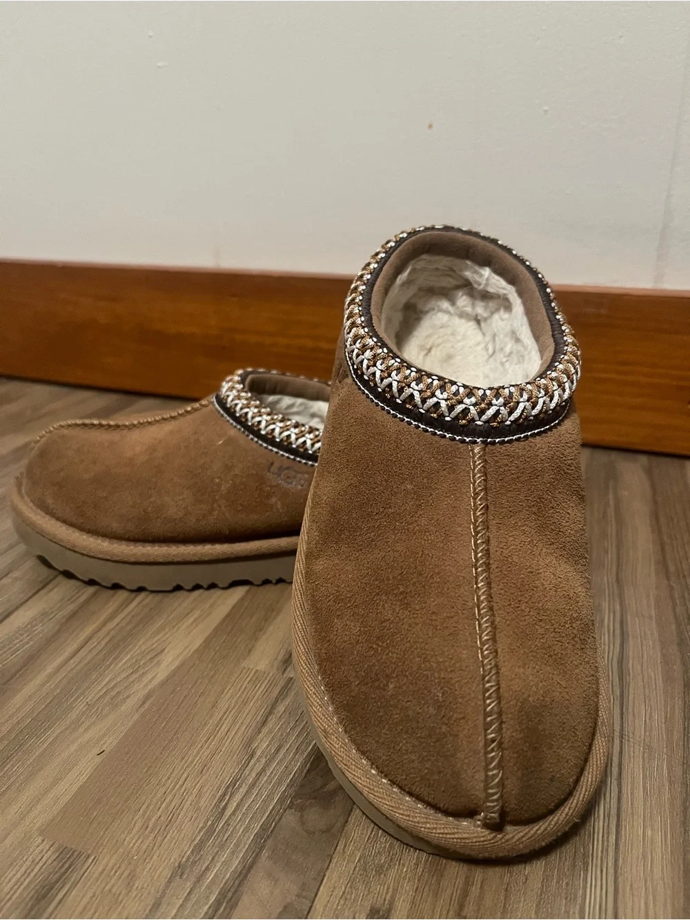 UGG Toddler Chestnut Brown Suede Slip-On Clog with Shearling Trim